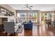 Gathering room with fireplace, hardwood floors, and backyard access at 11533 Dahlia St, Thornton, CO 80233
