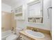 Clean bathroom with a shower/tub combo, vanity, and storage at 13824 E Lehigh Ave # C, Aurora, CO 80014