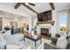 Bright living room features hardwood floors, a fireplace, and open floor plan at 7912 Galileo Way, Littleton, CO 80125
