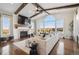 Spacious living room with vaulted ceiling, fireplace, and large windows at 7912 Galileo Way, Littleton, CO 80125