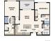 Two-bedroom, two-bath floor plan featuring a great room, kitchen, and covered deck at 487 Interlocken Blvd # 102, Broomfield, CO 80021