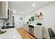 Modern kitchen features white cabinets, quartz countertops, stainless steel appliances, and hardwood floors at 6650 W 46Th Pl, Wheat Ridge, CO 80033