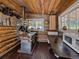 Rustic kitchen with antique wood stove and modern microwave at 9719 Beaver Pond, Conifer, CO 80433