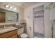 Clean bathroom with shower stall and granite countertop at 465 Four Oclock Rd # 323, Breckenridge, CO 80424
