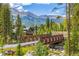 Mountain community with a bridge and homes nestled amongst trees at 378 River Park Dr, Breckenridge, CO 80424