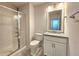 Clean bathroom with a walk-in shower and granite countertop at 6435 E Cedar Ave, Denver, CO 80224