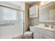 Clean bathroom with shower stall, toilet and vanity at 11685 Salem St, Henderson, CO 80640