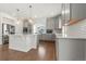 Modern kitchen with gray cabinets, white countertops, and an island at 5049 Liverpool St, Denver, CO 80249