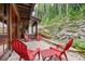 Private patio with red chairs and mountain views at 1003 Boreas Pass Rd, Breckenridge, CO 80424
