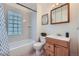 Simple bathroom with a single vanity, toilet, and bathtub at 2854 Eliot St, Denver, CO 80211