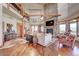 Open living room with a stone fireplace, hardwood floors, and views at 934 S Perry Park Rd, Sedalia, CO 80135