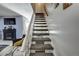 Carpeted staircase with white railing leading to the upper level at 13969 E Utah Cir, Aurora, CO 80012