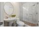 Charming bathroom with a pedestal sink, toilet, and marble shower at 2826 Broadway St # 106, Boulder, CO 80304