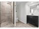 Basement bathroom with a walk-in shower and vanity at 3955 S Uinta St, Denver, CO 80237