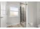 Clean bathroom with a walk-in shower and frosted window at 3955 S Uinta St, Denver, CO 80237