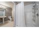 Bathroom with shower stall and white curtain at 930 Button Rock Dr # J59, Longmont, CO 80504