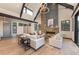 Living room with stone fireplace and hardwood floors, large windows, and high ceilings at 245 Fairways Dr, Breckenridge, CO 80424