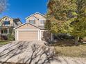 Two-story house with beige siding, two-car garage, and landscaping at 9619 Sydney Ln, Highlands Ranch, CO 80130