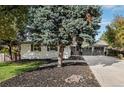 White ranch home with gray garage doors and mature tree at 2395 W Davies Ave, Littleton, CO 80120