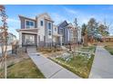 Modern townhomes with gray and white exteriors, landscaping, and a walkway at 1983 S Poplar Ct, Denver, CO 80224