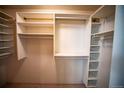 Large walk-in closet with built-in shelving and hanging rods at 13991 E Marina Dr # 505, Aurora, CO 80014