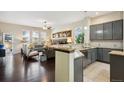 Open kitchen with gray cabinets and granite countertops at 10239 Amethyst Way, Parker, CO 80134