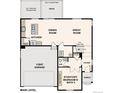 First-floor blueprint showcasing the kitchen, dining area, great room, and a 2-bay garage at 5758 Ranch St, Mead, CO 80504