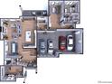 Three-level floor plan showcasing open living spaces, three-car garage, and multiple bedrooms at 5266 Flora Way, Arvada, CO 80004