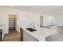 Kitchen island with white quartz countertop and stainless steel sink at 10994 Norfolk Ct, Commerce City, CO 80022