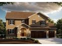 Two-story home with beige stucco siding, brown roof, and three-car garage at 941 Saint Andrews Ln, Louisville, CO 80027