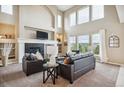 Spacious living room with high ceilings, fireplace, and large windows offering scenic views at 4689 Moondust Pl, Castle Rock, CO 80109