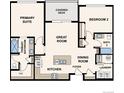 Two-bedroom, two-bath floor plan featuring a great room, kitchen, and covered deck at 487 Interlocken Blvd # 102, Broomfield, CO 80021