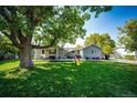 Large backyard with patio, mature tree, and playset at 1716 Main St, Strasburg, CO 80136