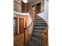 Elegant curved staircase with wooden railings and carpeting at 21064 E Crestline Cir, Centennial, CO 80015