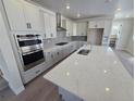 Close-up view of the kitchen's quartz countertops, stainless steel appliances, and white cabinetry at 5723 Farrier Pt, Castle Rock, CO 80104