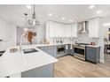 Updated kitchen featuring gray cabinets, quartz countertops, and a large island at 9820 Bucknell Way, Highlands Ranch, CO 80129