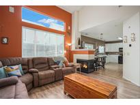 Spacious living room with fireplace and view into kitchen at 19427 E Bellisario Creek Dr, Parker, CO 80134