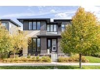 Modern two-story home with dark gray siding and a white front door at 5060 Willow St, Denver, CO 80238