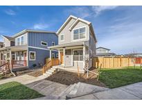 Two-story gray house with orange door, wooden fence, and small front yard at 10291 E 62Nd Pl, Denver, CO 80238