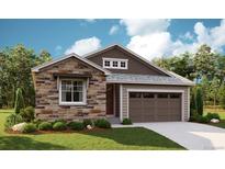 One-story home with stone and siding accents, two-car garage, and landscaped lawn at 6966 E 126Th Pl, Thornton, CO 80602