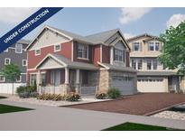 Two-story home with red siding, stone accents, and a two-car garage at 1224 Sugarloaf Ln, Erie, CO 80516