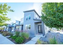 Modern two-story townhome with gray siding and walkway at 16020 E Warner Pl, Denver, CO 80239