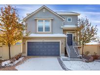 Two-story house with gray siding, a blue garage door, and a gray staircase leading to the entrance at 17938 E 54Th Ave, Denver, CO 80249