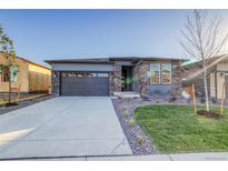 Modern two-story home with gray siding, stone accents, and a two-car garage at 23942 E 40Th Ave, Aurora, CO 80019