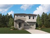 Two-story home with gray siding, attached garage, and landscaping at 210 Lark Sparrow Way, Bennett, CO 80102