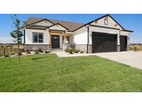 Modern farmhouse exterior with two-car garage and landscaped lawn at 24113 E 36Th Pl, Aurora, CO 80019