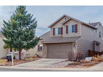 Tan two-story house with attached garage and landscaping at 4211 Deer Watch Dr, Castle Rock, CO 80104