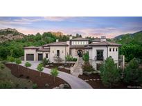 Luxury home with stone exterior, landscaping, and a large driveway at 11164 Beatrice Ct, Littleton, CO 80125