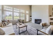 Bright living room features a fireplace and large windows with a view at 9833 Greensview Cir, Lone Tree, CO 80124