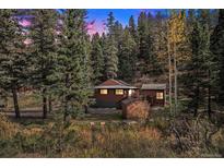 Exterior view of house nestled in trees at dusk at 28532 Shadow Mountain Dr, Conifer, CO 80433